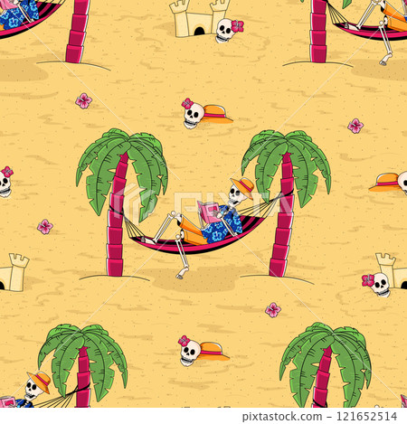 Seamless pattern featuring skeletons reading book on a beach 121652514