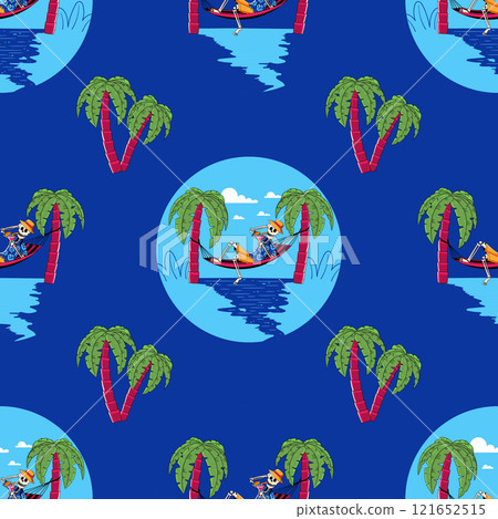 Seamless pattern featuring skeletons drinking cocktail on vacation 121652515