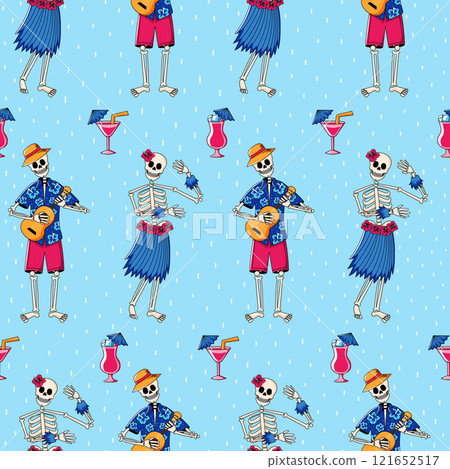 Seamless pattern featuring skeletons dancing in hawaiian outfits Seamless pattern featuring skeletons dancing in hawaiian outfits 121652517