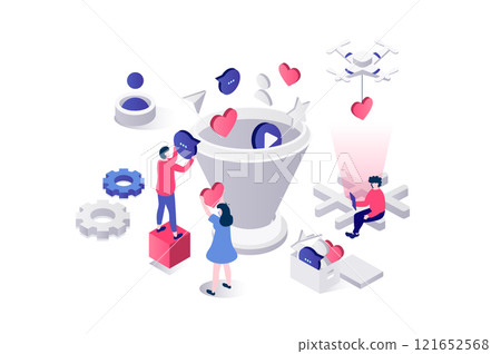 Social media funnel 3d isometric concept in geometry graphic design for web. People using marketing tool for driving online traffic and attracting new customers, increased sales. Illustration. 121652568