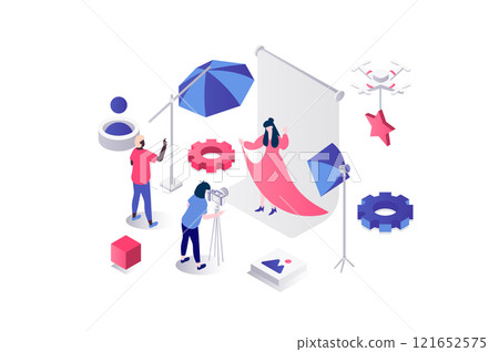 Photo studio 3d isometric concept in geometry graphic design for web. People working at professional photo shooting, photographer making portraits, while model posing in room. Illustration. Photo studio 3d isometric concept in geometry graphic design for web. People working at professional photo shooting, photographer making portraits, while model posing in room. Illustration. 121652575