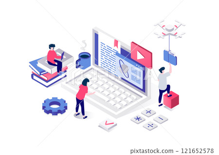 Modern education 3d isometric concept in geometry graphic design for web. People learning distantly at study courses by laptop, reading digital textbooks and watching videos. Illustration. 121652578