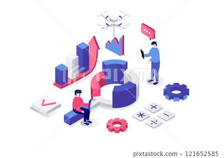 Data analysis 3d isometric concept in geometry graphic design for web. People making financial research, control and analyzing datum charts, searching information, accounting. Illustration. 121652585