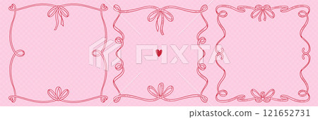 Vintage ribbon frames set in hand drawn doodle style for greeting card, wedding, menu, birthday, friendsmas, retro party invitation design. Wavy frames with bow in elegant coquette style. Vector. 121652731