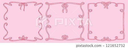 Vintage frame set in hand drawn doodle style for greeting card, wedding, menu, birthday, friendsmas, retro party invitation design. Wavy frames with bow in elegant coquette style. Vector illustration. 121652732
