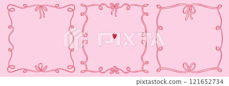Vintage frame set in hand drawn doodle style for greeting card, wedding, menu, birthday, friendsmas, retro party invitation design. Wavy frames with bow in elegant coquette style. Vector illustration. 121652734