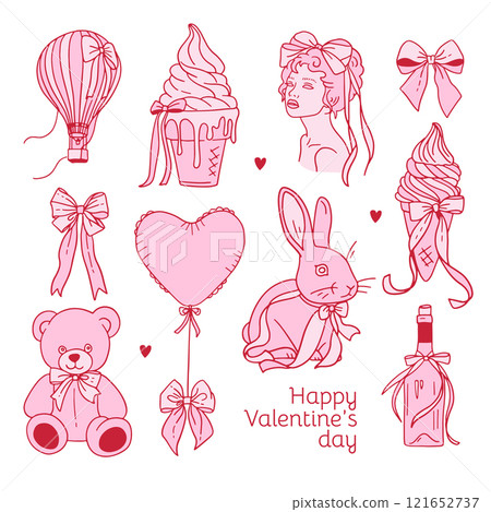 Pink romantic elements with satin bows set. Vintage silk bow for gifts, present knots and wrap pack isolated. Vector illustration for Valentine s day celebration design in cartoon girly style Pink romantic elements with satin bows set. Vintage silk bow for gifts, present knots and wrap pack isolated. Vector illustration for Valentine s day celebration design in cartoon girly style 121652737