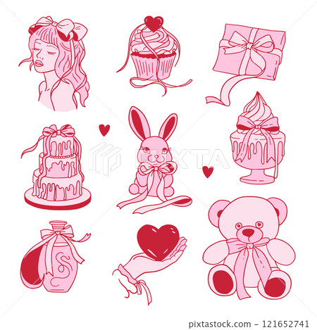 Coquette romantic elements with bows. Soft girl Trendy girly hearts, cakes, gift for valentines day. Doodle cartoon style vector illustration. 121652741