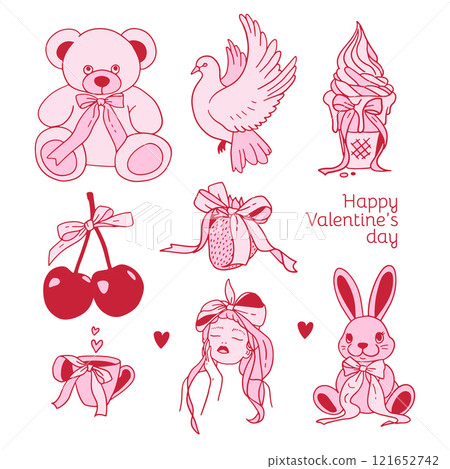 Hand drawn Valentine s day coquette clipart set. Cute elements with satin bows and pink ribbons. Contour vector illustration. 121652742