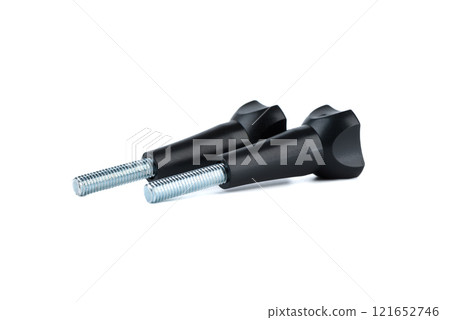 Two black threaded knobs with metal screws on white background. 121652746