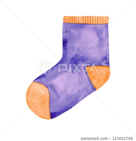 Illustration of a baby sock. The drawing is done in watercolor technique. The bootie is purple and beige. Hand-made for your design 121652788