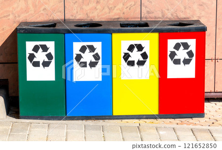 Multicolored containers for separate collection of waste. Separate garbage containers according to waste type 121652850