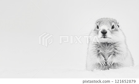 Black and white drawing adorable marmot standing in snowy landscape with copy space. Happy Groundhog Day. 121652879