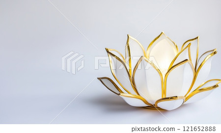 Elegant white and gold lotus candle holder with gentle light with copy space. . Vesak day concept and Buddha birthday. Elegant white and gold lotus candle holder with gentle light with copy space. . Vesak day concept and Buddha birthday. 121652888