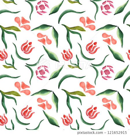 Abstract flowers. Seamless pattern of abstract watercolor flowers on a white background. For your design 121652915