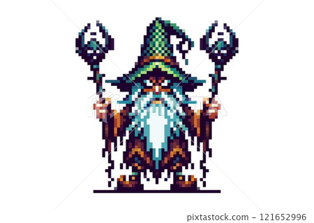Pixel art wizard in a green pointed hat with a white beard holding two staffs with glowing blue orbs against a white background 121652996