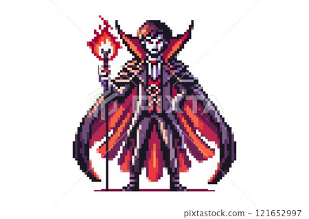 Pixel art depiction of Count Dracula in a dark cloak holding a staff with a fiery orb standing confidently against a white background Pixel art depiction of Count Dracula in a dark cloak holding a staff with a fiery orb standing confidently against a white background 121652997