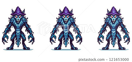 Pixel art werewolf standing confidently with muscular build and fierce expression against a white background Pixel art werewolf standing confidently with muscular build and fierce expression against a white background 121653000