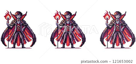Pixel art depiction of Count Dracula in a dark cloak holding a staff with a fiery orb standing confidently against a white background 121653002