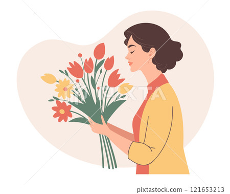 Woman with a bouquet of spring flowers. Mother's Day concept. Holiday illustration in flat style. 121653213