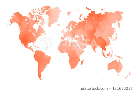 A world map showcases a beautiful watercolor texture in soft coral tones. The design highlights continents while blending colors harmoniously, creating a vibrant, artistic representation. 121653255