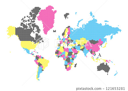 A colorful political world map featuring squares that represent different countries and regions. Each area is distinctly colored, highlighting global divisions and territories. 121653281