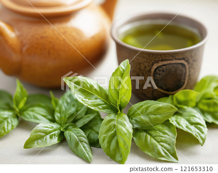 A close-up of a rustic tea set with fresh green basil leaves 121653310