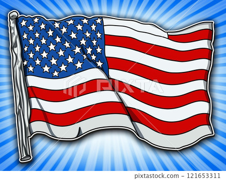 A vibrant American flag gracefully waving against a sky 121653311