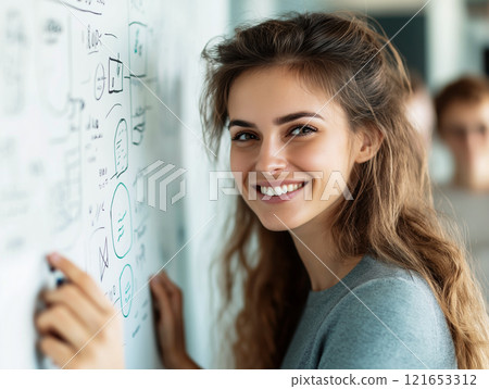 A smiling young woman stands in front of a whiteboard filled with brainstorming diagrams 121653312