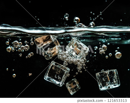 Several ice cubes mid-fall splashing into water with bubbles 121653313