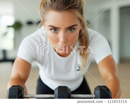 A determined woman in a white shirt lifting a dumbbell during a workout 121653314