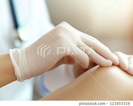 Close-up of a medical professional wearing gloves examining a patient's skin in a clinical setting Close-up of a medical professional wearing gloves examining a patient's skin in a clinical setting 121653319
