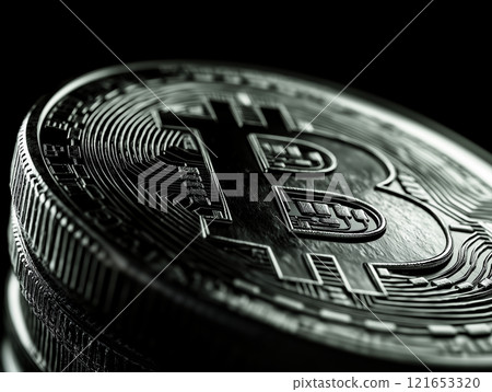 Close-up of a black Bitcoin coin with intricate digital engravings 121653320