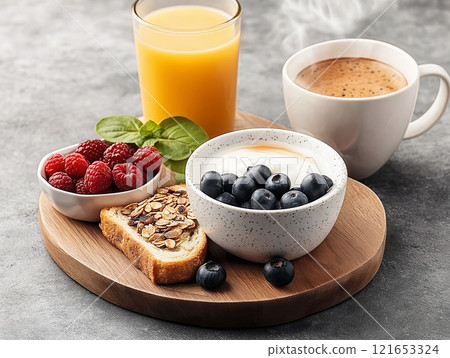 Healthy breakfast with yogurt topped with blueberries, raspberries, granola toast 121653324