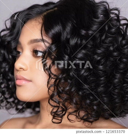 The radiant curls frame a youthful face, showcasing gorgeous black, shiny hair with defined spirals. Soft light enhances the texture and depth of the curls, creating a stunning look. Generative AI. 121653370