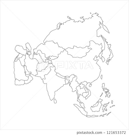 This vector representation features the blank political map of Asia, showcasing the continent geographical outlines This vector representation features the blank political map of Asia, showcasing the continent geographical outlines 121653372