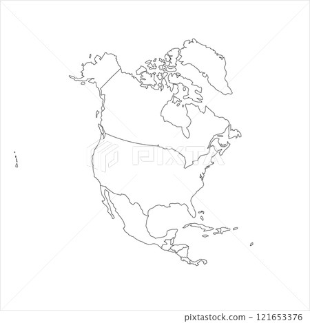 This blank political map features the outline of North America, showing the continents without labels or colors. It is ideal for educational purposes, planning, and geographic analysis. 121653376