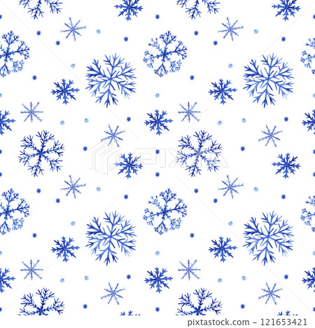 Seamless snowflake pattern. Illustration is made in watercolor technique. Fluffy blue snowflakes on a transparent background for your design Seamless snowflake pattern. Illustration is made in watercolor technique. Fluffy blue snowflakes on a transparent background for your design 121653421