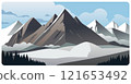 Flat graphic vector illustration of abstract snowy mountain landscape with sharp triangular snowcapped mount peaks and fir forest on foothills at winter day. Cartoon concept mountaineering or hiking. 121653492