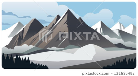 Flat graphic vector illustration of abstract snowy mountain landscape with sharp triangular snowcapped mount peaks and fir forest on foothills at winter day. Cartoon concept mountaineering or hiking. Flat graphic vector illustration of abstract snowy mountain landscape with sharp triangular snowcapped mount peaks and fir forest on foothills at winter day. Cartoon concept mountaineering or hiking. 121653492