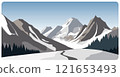 Flat graphic vector illustration of abstract snowy mountain landscape with road to snowcapped mount peaks and fir forest on foothills at winter day. Cartoon sketch concept for mountaineering or hiking 121653493