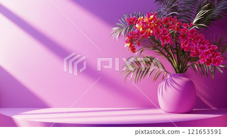Pink vase with tropical flowers in sunlight 121653591