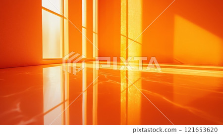 Sunlit orange room with bright reflections 121653620