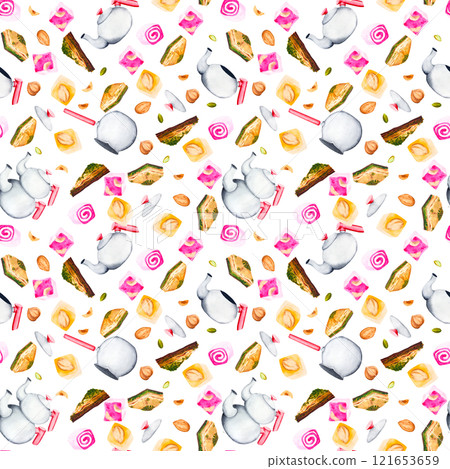Turkiye and sweets. Watercolor seamless pattern on an isolated background. Can be used for your designs Turkiye and sweets. Watercolor seamless pattern on an isolated background. Can be used for your designs 121653659