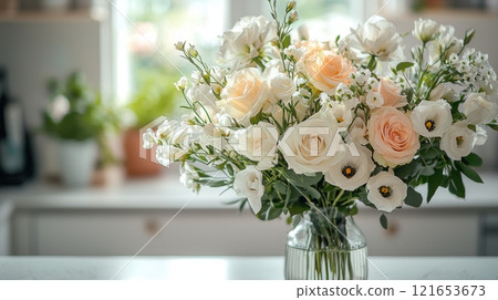 Elegant mixed floral bouquet with roses in vase 121653673