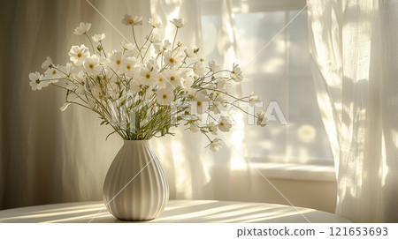 White Wildflowers in Vase by Sunlit Window 121653693