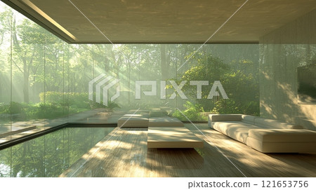 Minimalist living space with forest view 121653756