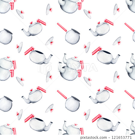 Teapot. Watercolor pattern on an isolated background. Can be used for your design cards, posters, prints 121653771