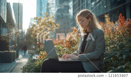Woman Working on Laptop in Urban Garden 121653807