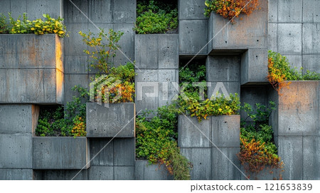 Concrete wall with integrated vertical garden plants 121653839